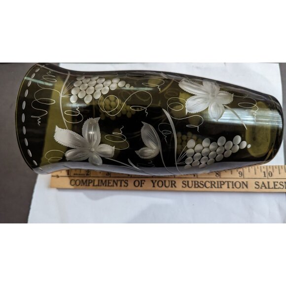 Egermann Bohemian Czech Olive Green Floral Etched Glass Vase Cut To Clear 9 Inch - Picture 8 of 10